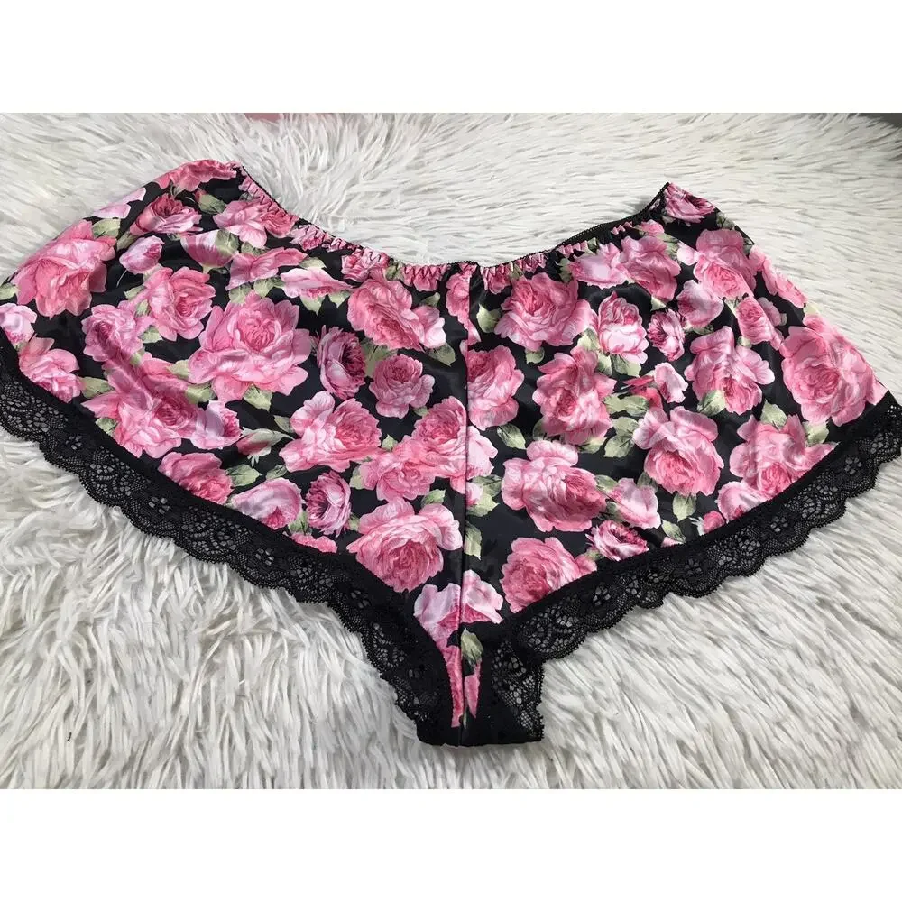 Y2K Women's Satin Silk like feel Floral Lace Trim Shorts Size L Lingerie Style